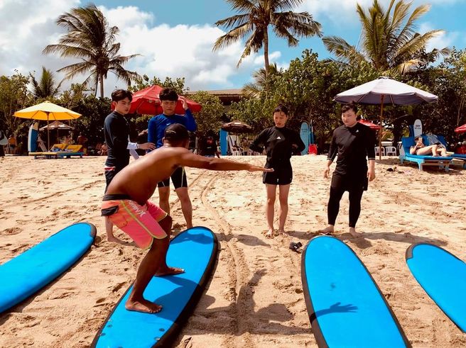 Travelers connecting at sunset